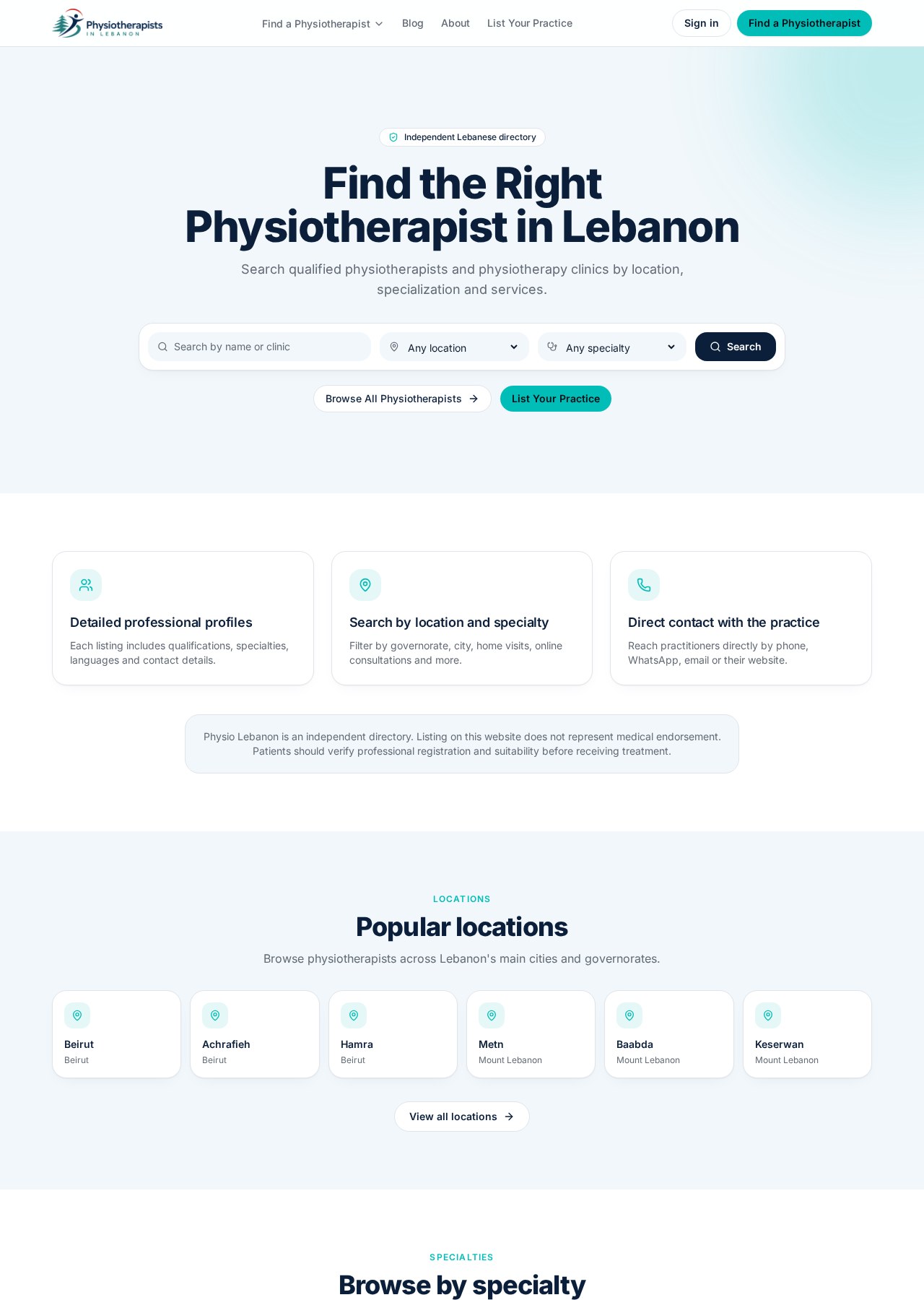 Physio Find Lebanon website with location and specialty search for physiotherapists
